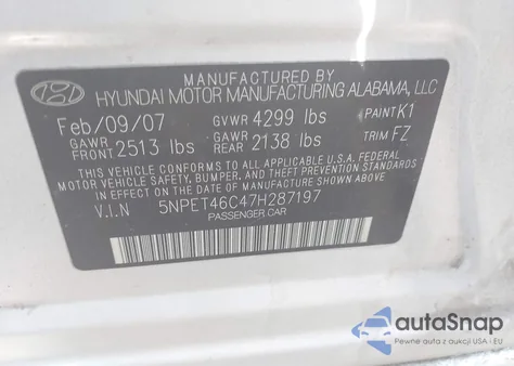 2007 Hyundai Sonata Gls из США, поврежденный, VIN 5NPET46C47H287197